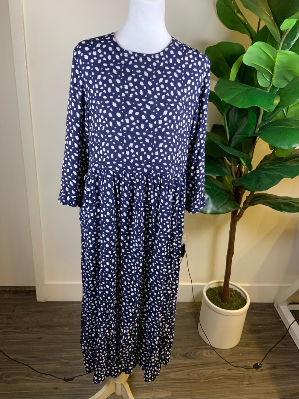 Zara Navy Blue and White Polka Dot Maxi Dress